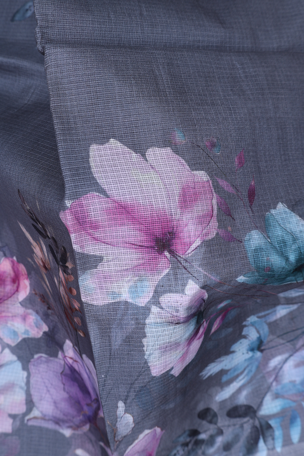 Kota Silk Saree In Grey With Floral Design