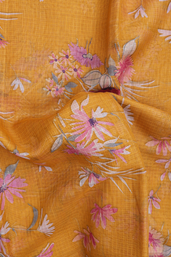 Kota Silk Saree In Mango Yellow With Floral Design