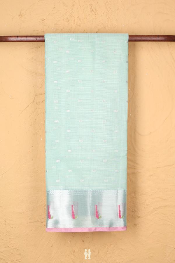 Kota Cotton Saree In Mint Blue With Zari Buttis