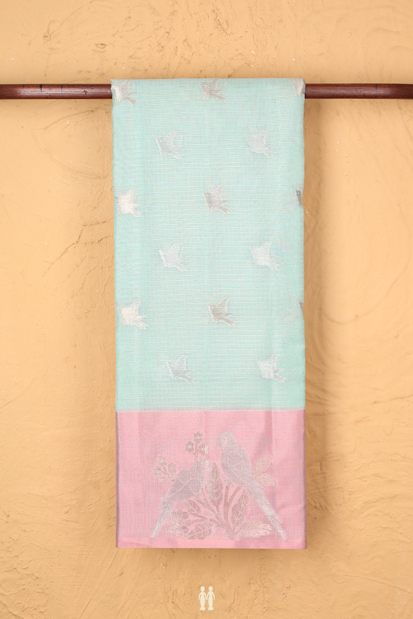 Kota Cotton Saree In Mint Green With Birds Buttas