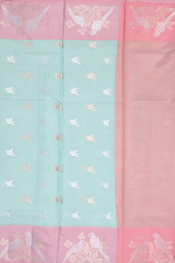 Kota Cotton Saree In Mint Green With Birds Buttas