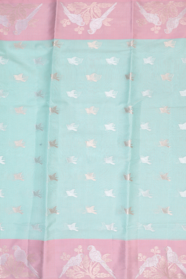 Kota Cotton Saree In Mint Green With Birds Buttas
