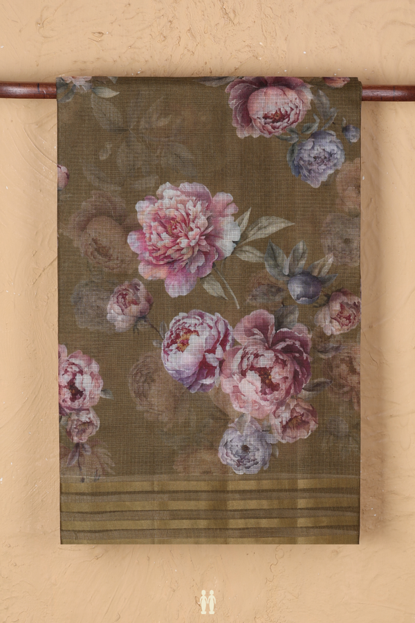 Kota Silk Saree In Olive Green With Floral Printed Design