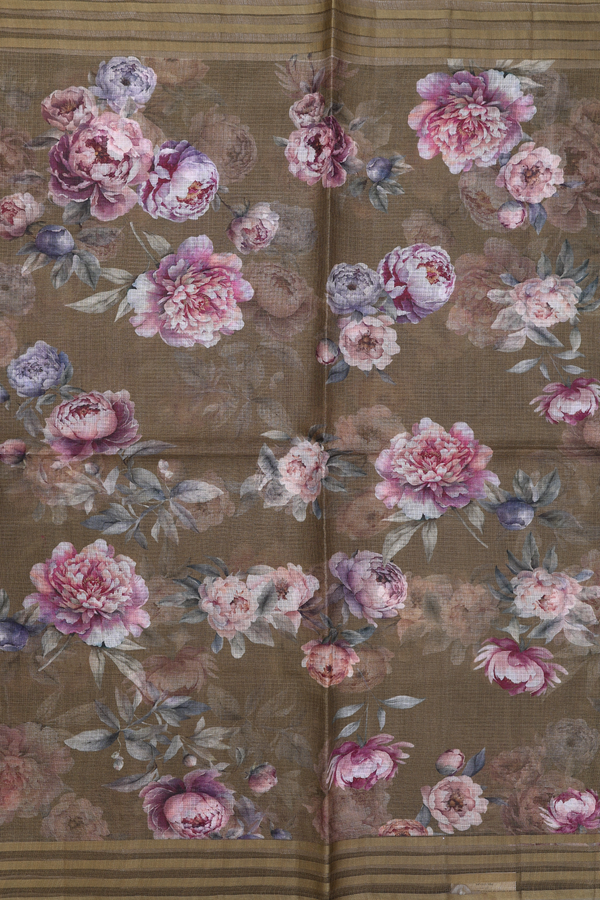 Kota Silk Saree In Olive Green With Floral Printed Design