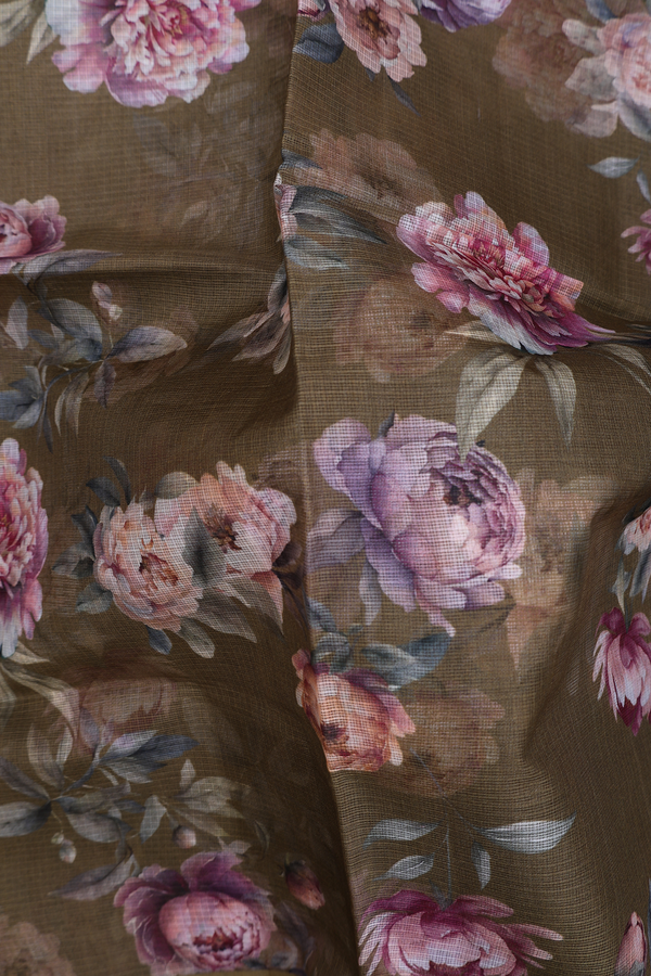 Kota Silk Saree In Olive Green With Floral Printed Design