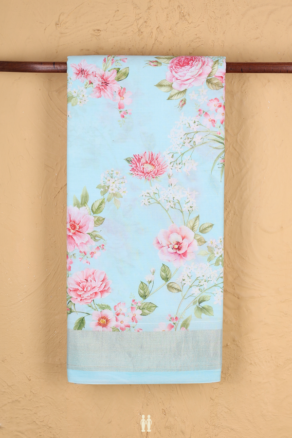 Linen Saree In Pastel Blue With Floral Design