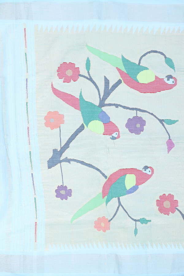 Linen Saree In Pastel Blue With Floral Design