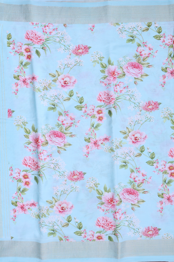 Linen Saree In Pastel Blue With Floral Design