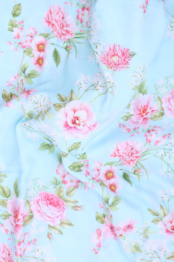 Linen Saree In Pastel Blue With Floral Design