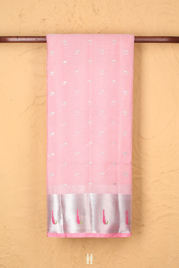 Kota Cotton Saree In Pastel Pink With Zari Buttis