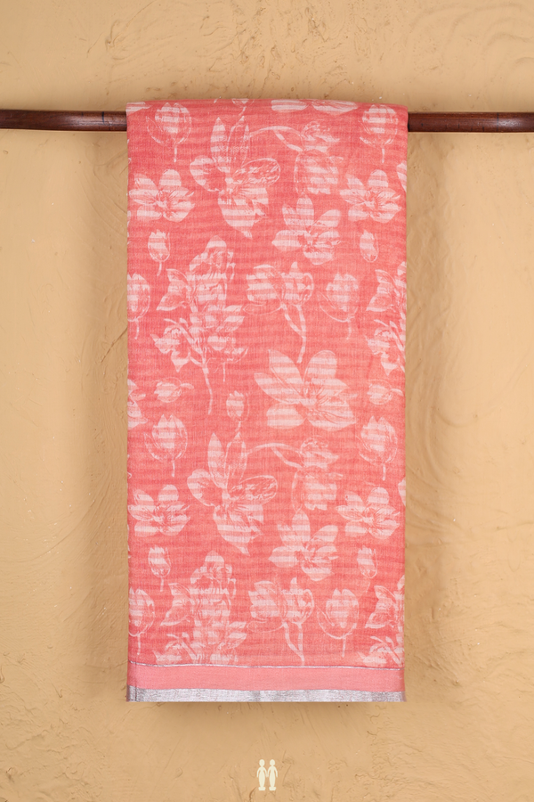 Linen Saree In Peach With Floral Design