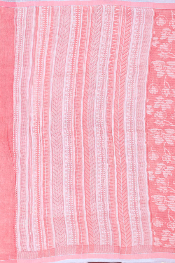 Linen Saree In Peach With Floral Design
