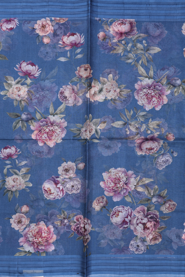 Kota Silk Saree In Pigeon Blue With Floral Printed Design