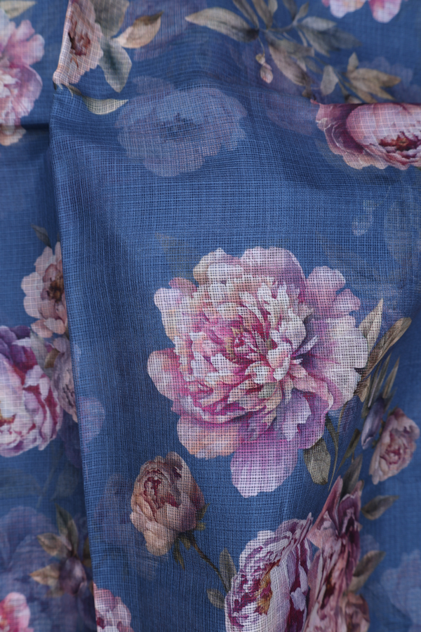Kota Silk Saree In Pigeon Blue With Floral Printed Design