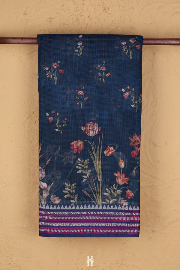 Kota Silk Saree In Prussian Blue With Floral Design