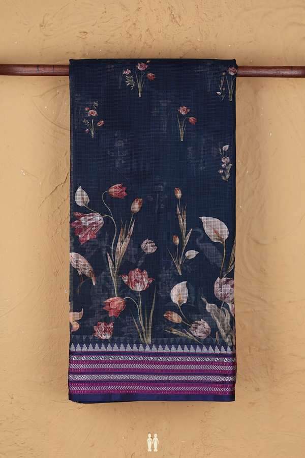 Kota Silk Saree In Prussian Blue With Floral Design