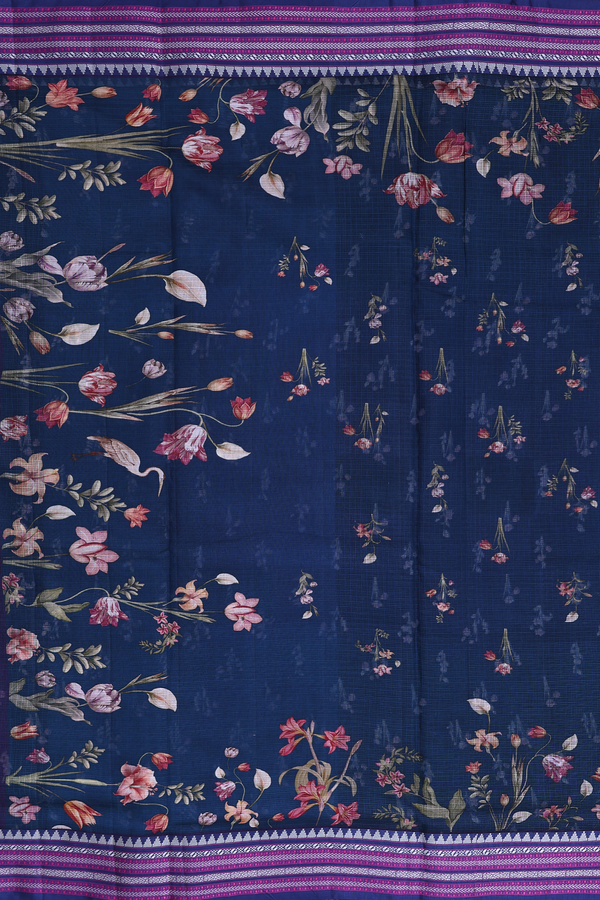 Kota Silk Saree In Prussian Blue With Floral Design