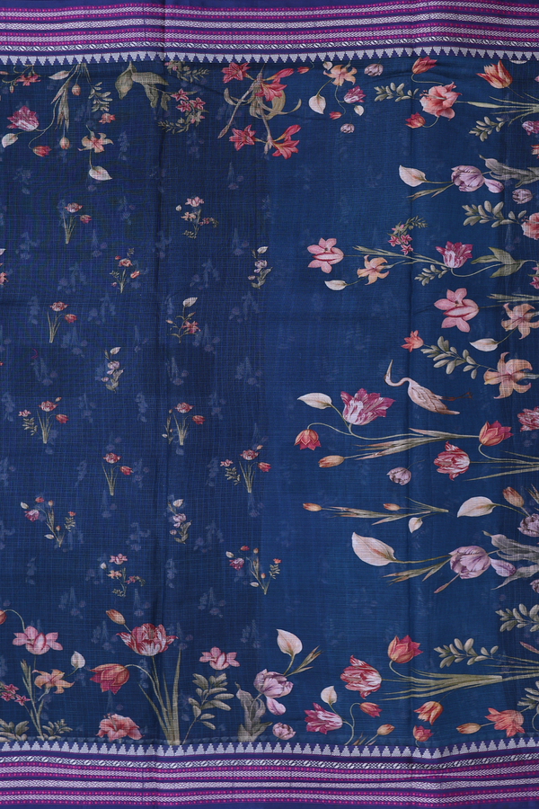 Kota Silk Saree In Prussian Blue With Floral Design