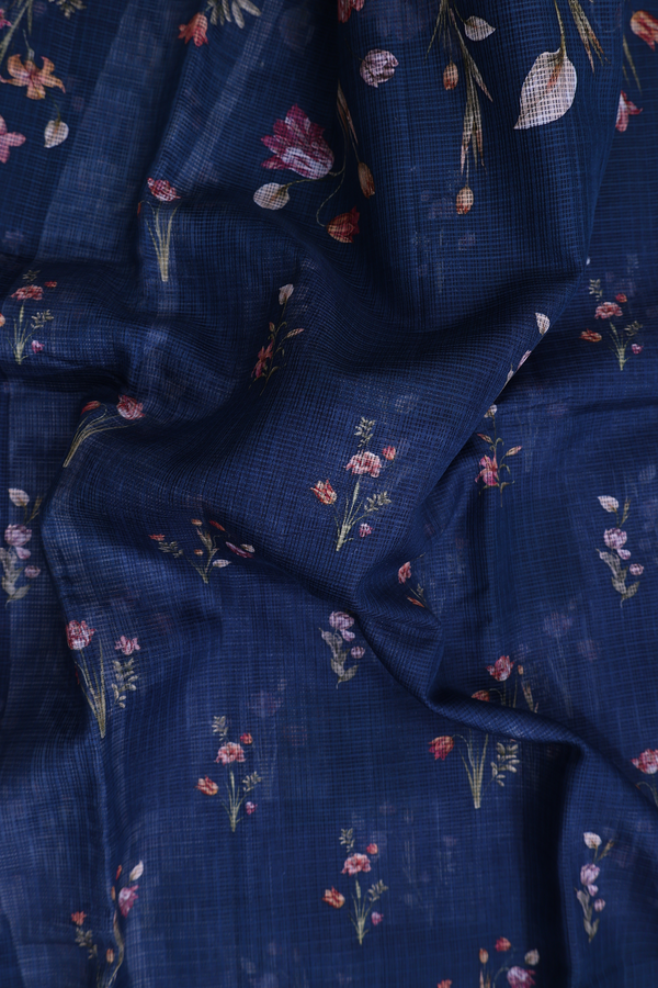 Kota Silk Saree In Prussian Blue With Floral Design