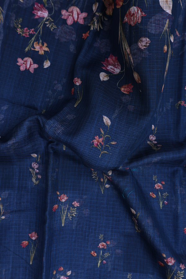 Kota Silk Saree In Prussian Blue With Floral Design
