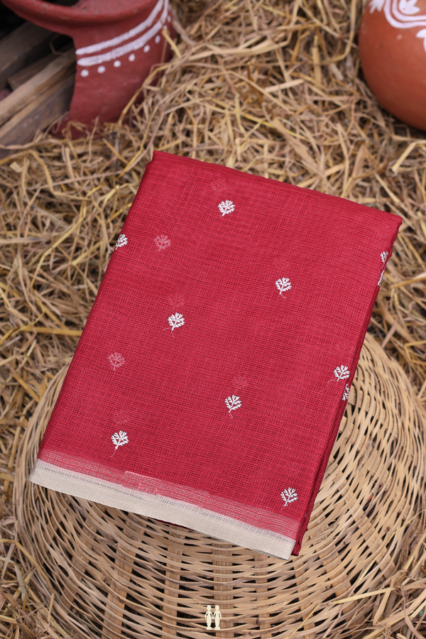 Kota Silk Saree In Ruby Red With Zari Buttas