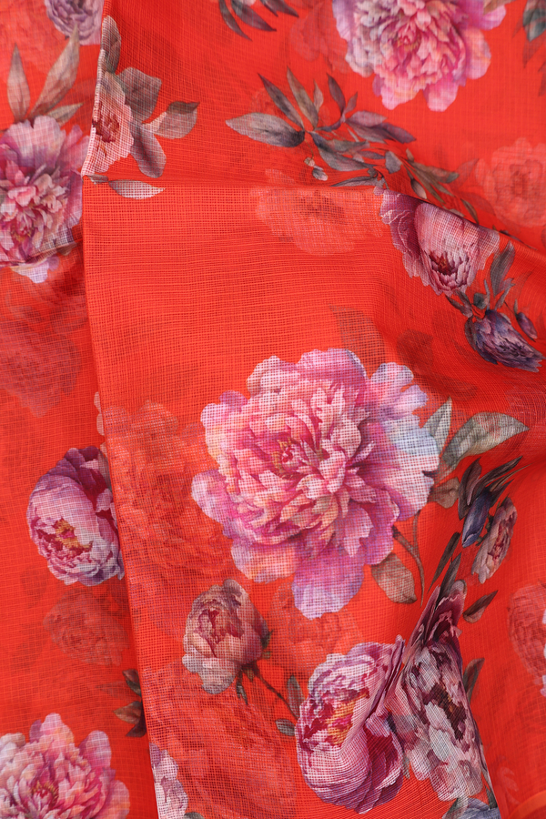 Kota Silk Saree In Vermillion Red With Floral Design
