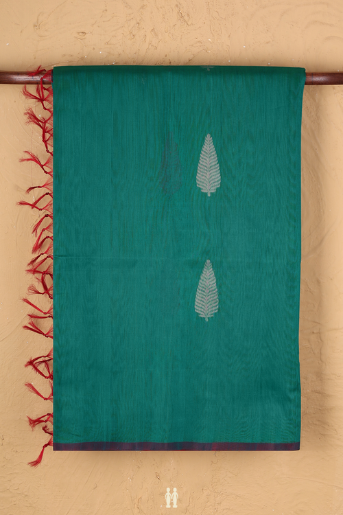 Kora Silk Cotton Saree In Peacock Green With Zari Motifs