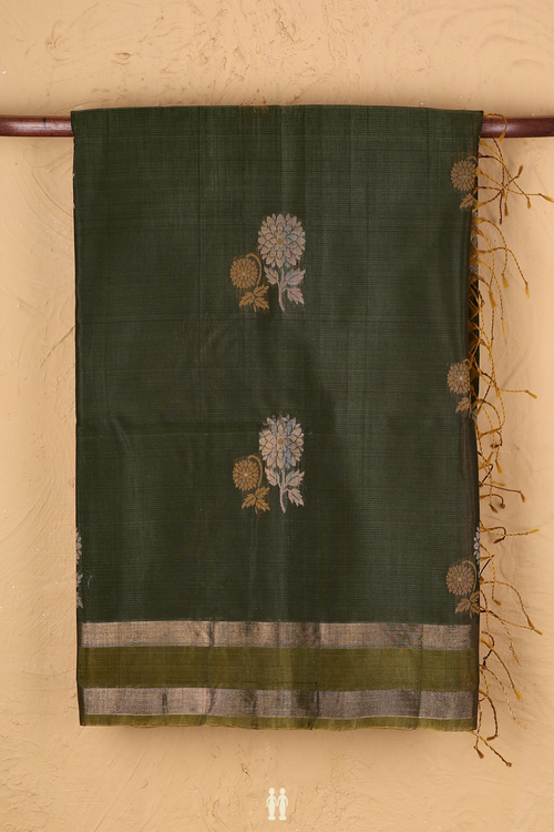Kora Silk Cotton Saree In Olive Green With Floral Motifs