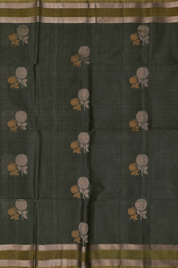 Kora Silk Cotton Saree In Olive Green With Floral Motifs