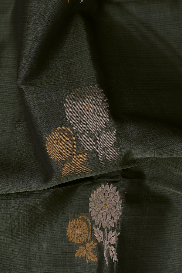 Kora Silk Cotton Saree In Olive Green With Floral Motifs