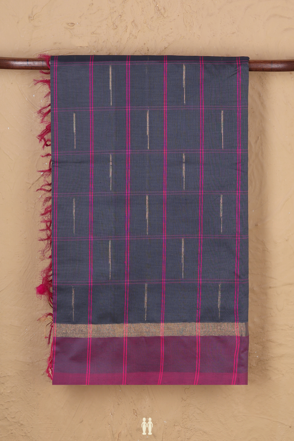 Semi Silk Cotton Saree In Charcoal Grey With Checks Design