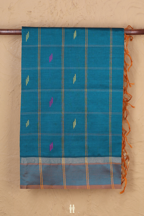 Semi Silk Cotton Saree In Teal Blue With Checks Design