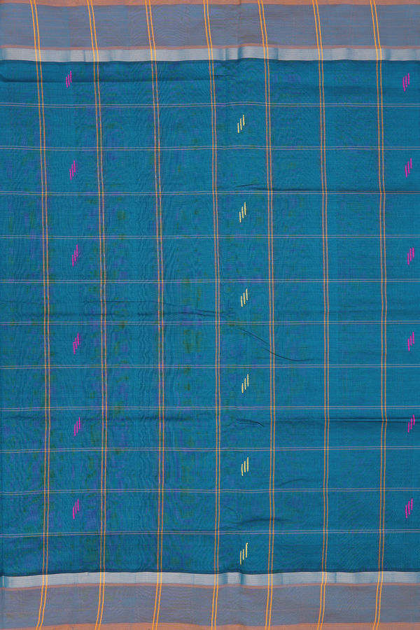 Semi Silk Cotton Saree In Teal Blue With Checks Design