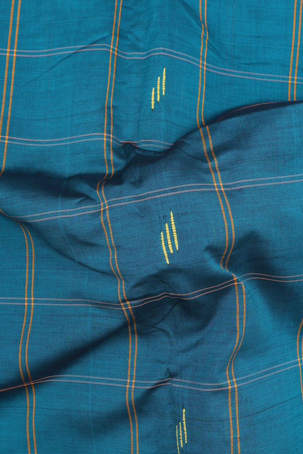 Semi Silk Cotton Saree In Teal Blue With Checks Design
