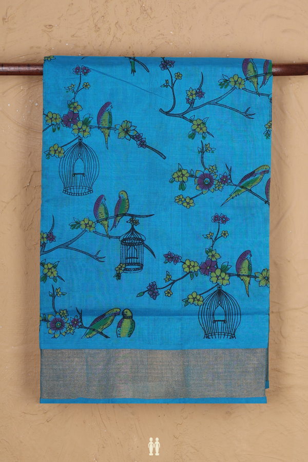 Traditional Silk Cotton Saree In Blue With Birds Design