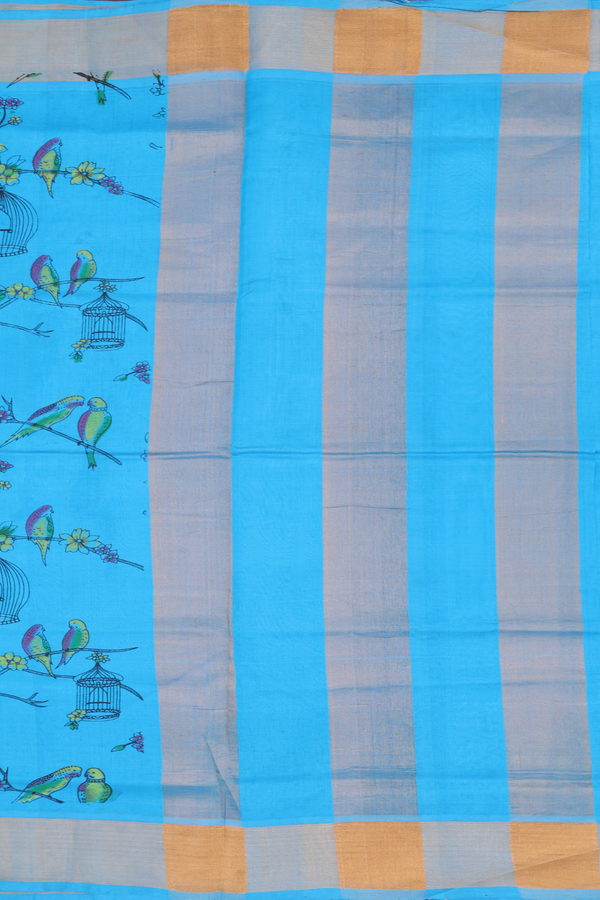 Traditional Silk Cotton Saree In Blue With Birds Design