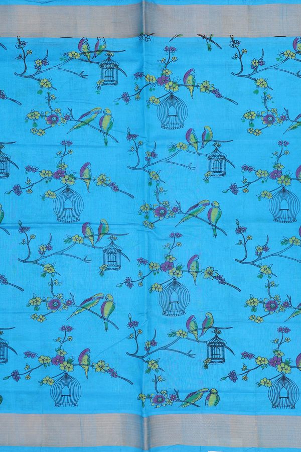 Traditional Silk Cotton Saree In Blue With Birds Design