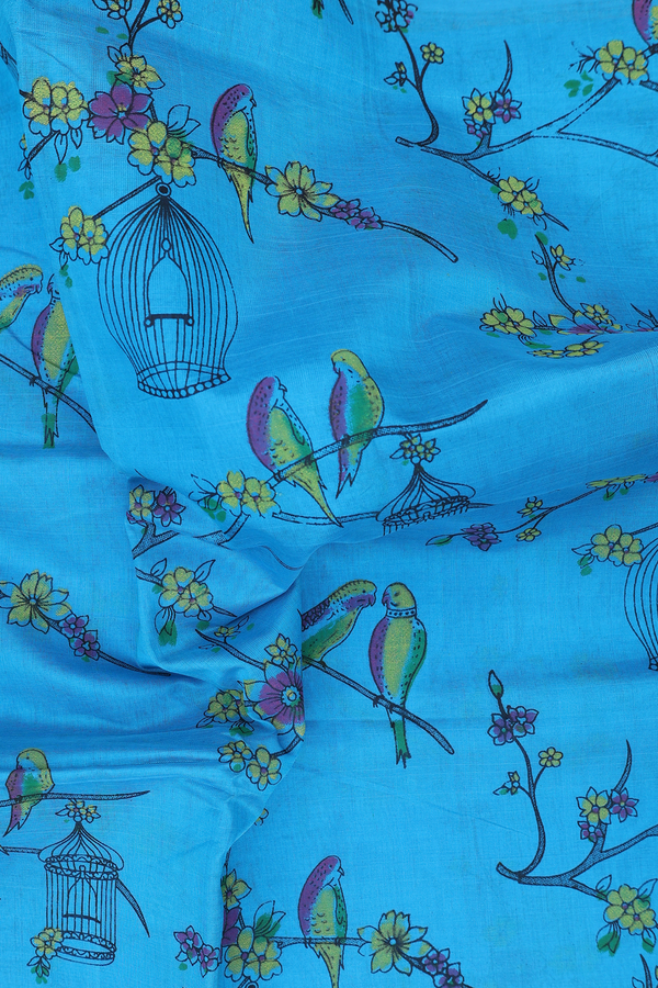 Traditional Silk Cotton Saree In Blue With Birds Design