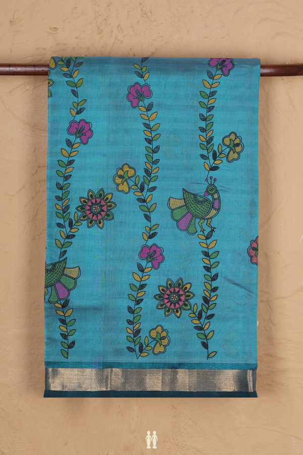 Traditional Silk Cotton Saree In Blue With Floral Design