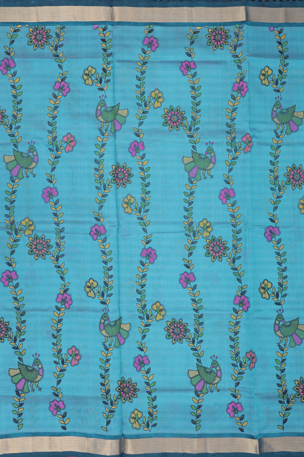 Traditional Silk Cotton Saree In Blue With Floral Design
