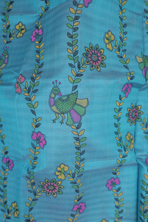 Traditional Silk Cotton Saree In Blue With Floral Design
