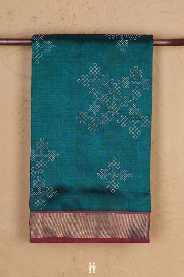 Traditional Silk Cotton Saree In Teal Green With Kolam Design