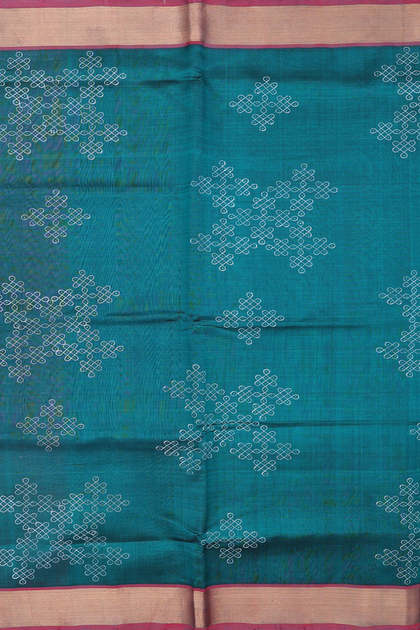 Traditional Silk Cotton Saree In Teal Green With Kolam Design