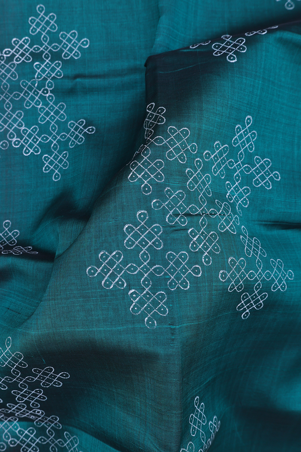 Traditional Silk Cotton Saree In Teal Green With Kolam Design