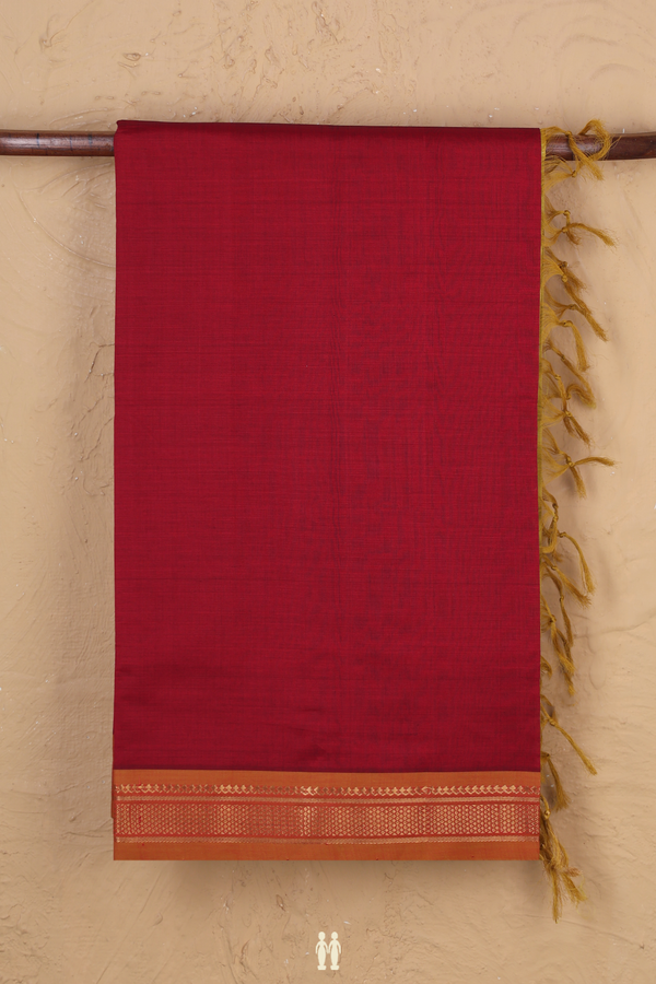 Semi Silk Cotton Saree In Red With Contrast Border