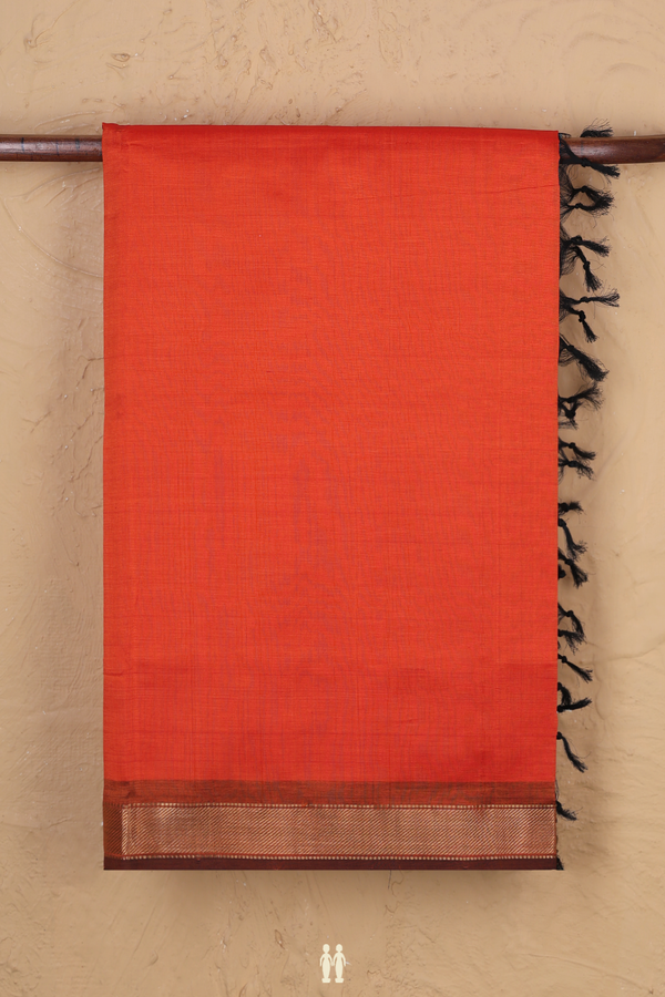 Semi Silk Cotton Saree Bright Orange With Twill Weave Border