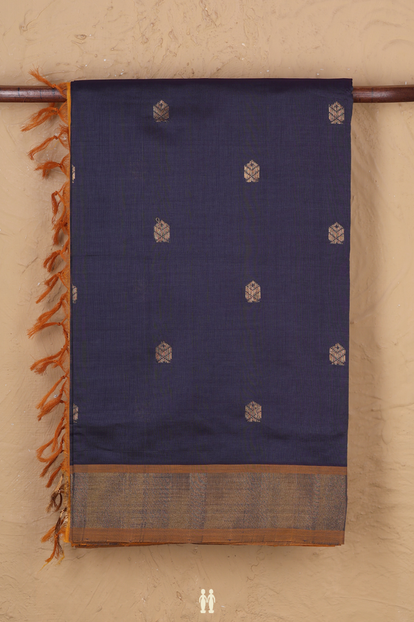 Semi Silk Cotton Saree In Charcoal Grey With Zari Buttas