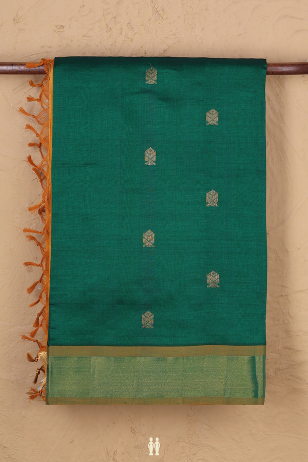 Semi Silk Cotton Saree In Green With Zari Buttas