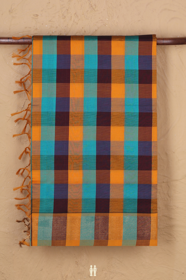 Semi Silk Cotton Saree In Multicolor With Checks Design