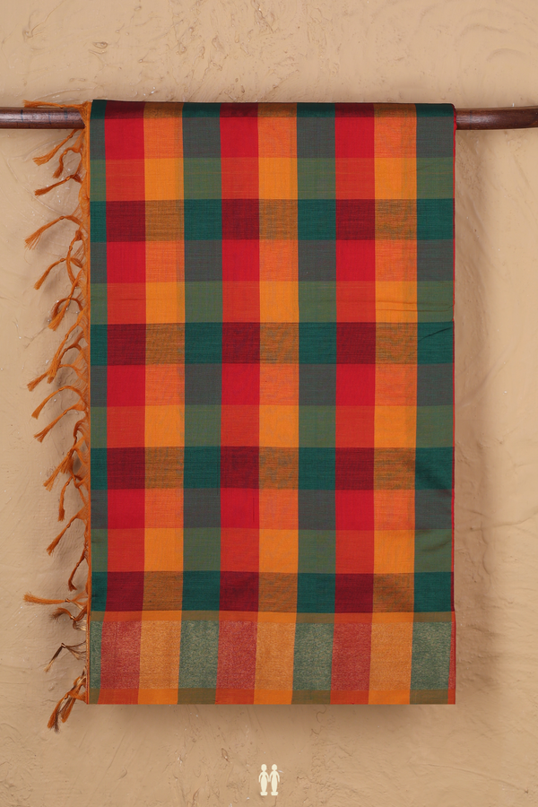Semi Silk Cotton Saree In Multicolor With Checks Design